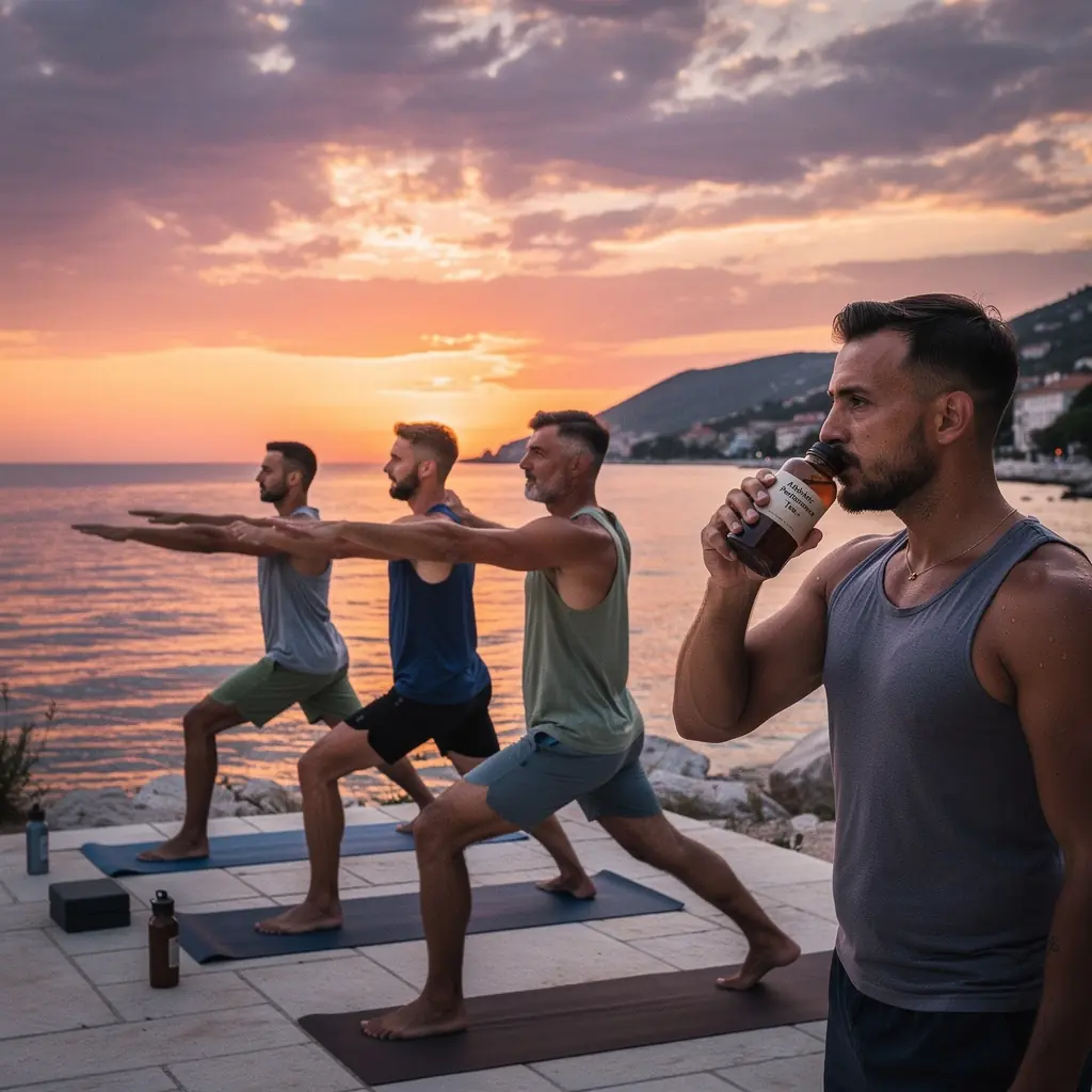 Različiti sastojci čaja poredani na drvenoj površini.