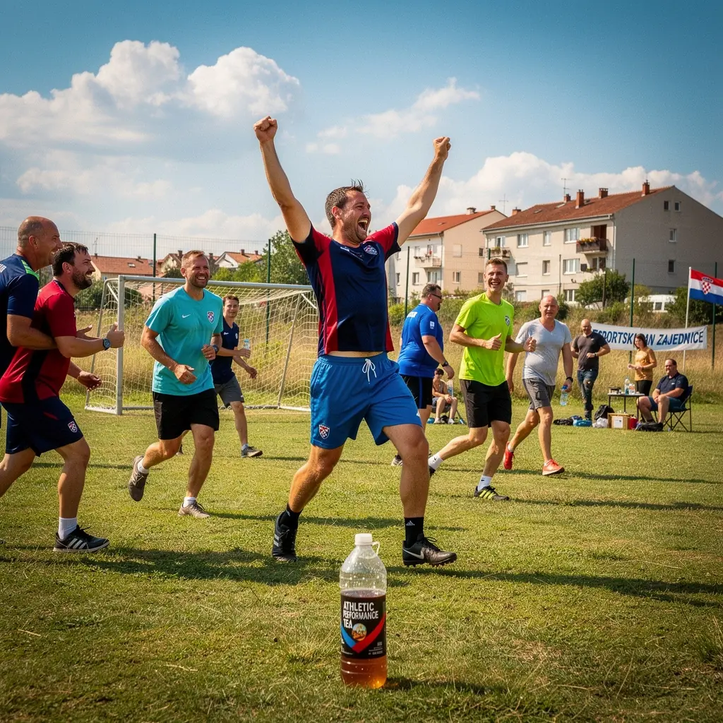 Muškarac trči u prirodi s bočicom čaja u ruksaku.