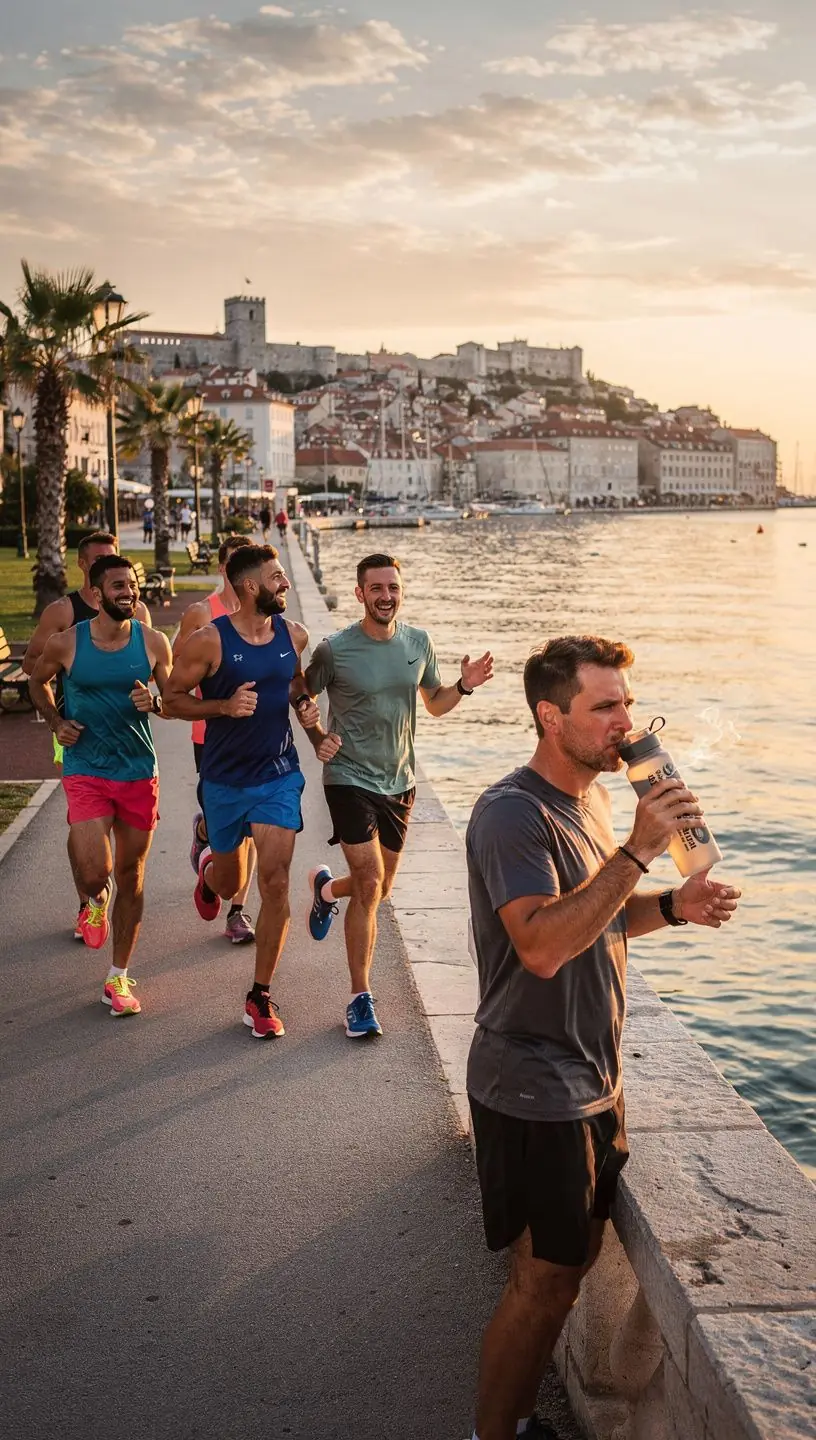 Zagrijavanje mišića uz šalicu čaja kao dio pripreme za trening.