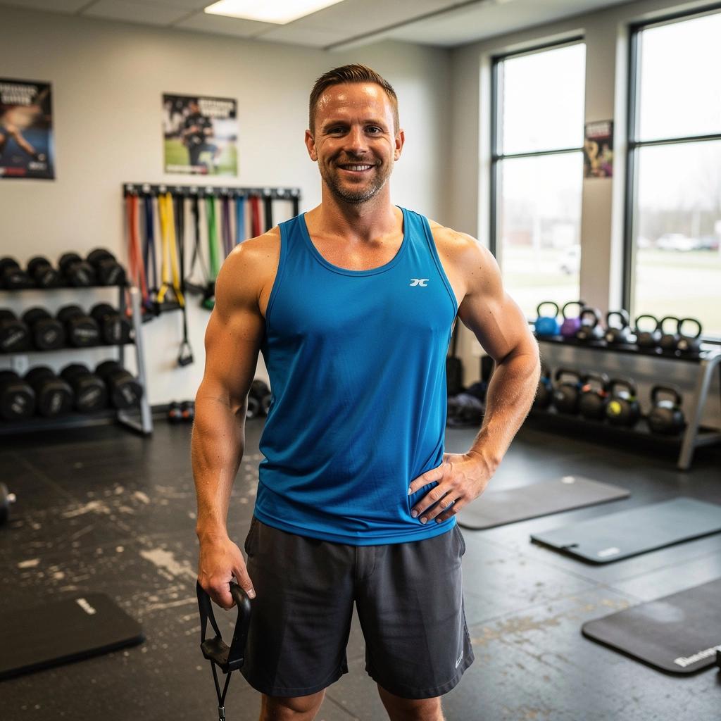 Zeleni čaj u šupljoj šalici s energičnim muškarcem koji se priprema za trening.